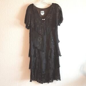 R & M Richards Vintage Brown 100% Silk Velvet Burnout Tiered Ruffled Dress 10